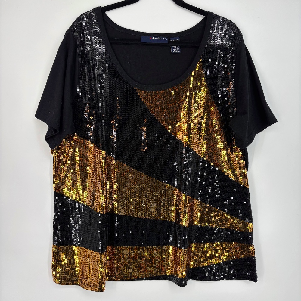 Denim 24/7 Black Sequin Tee with Gold Accent Panels